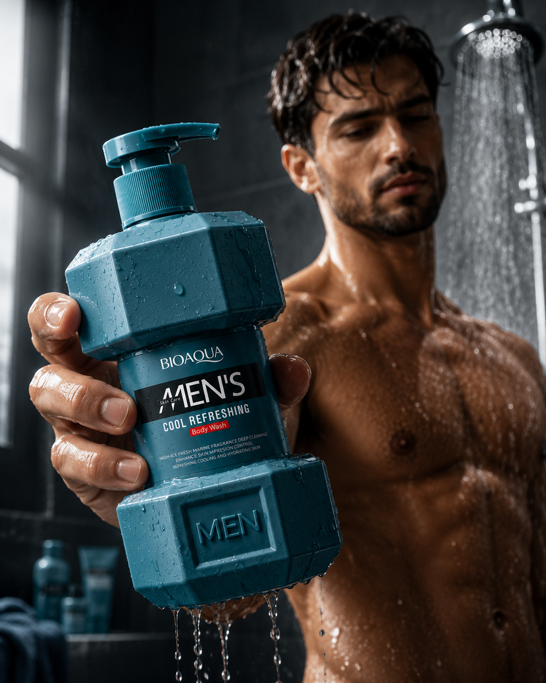 Bărbat la duș ținând gelul Ocean Men